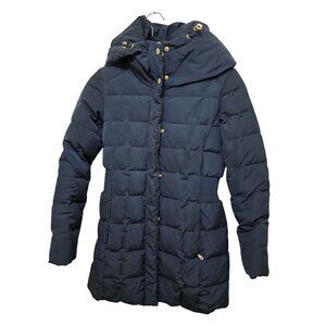 Cole Haan Women's PXS Navy Quilted Long Puffer Coat Detachable Hood Gold Elastic